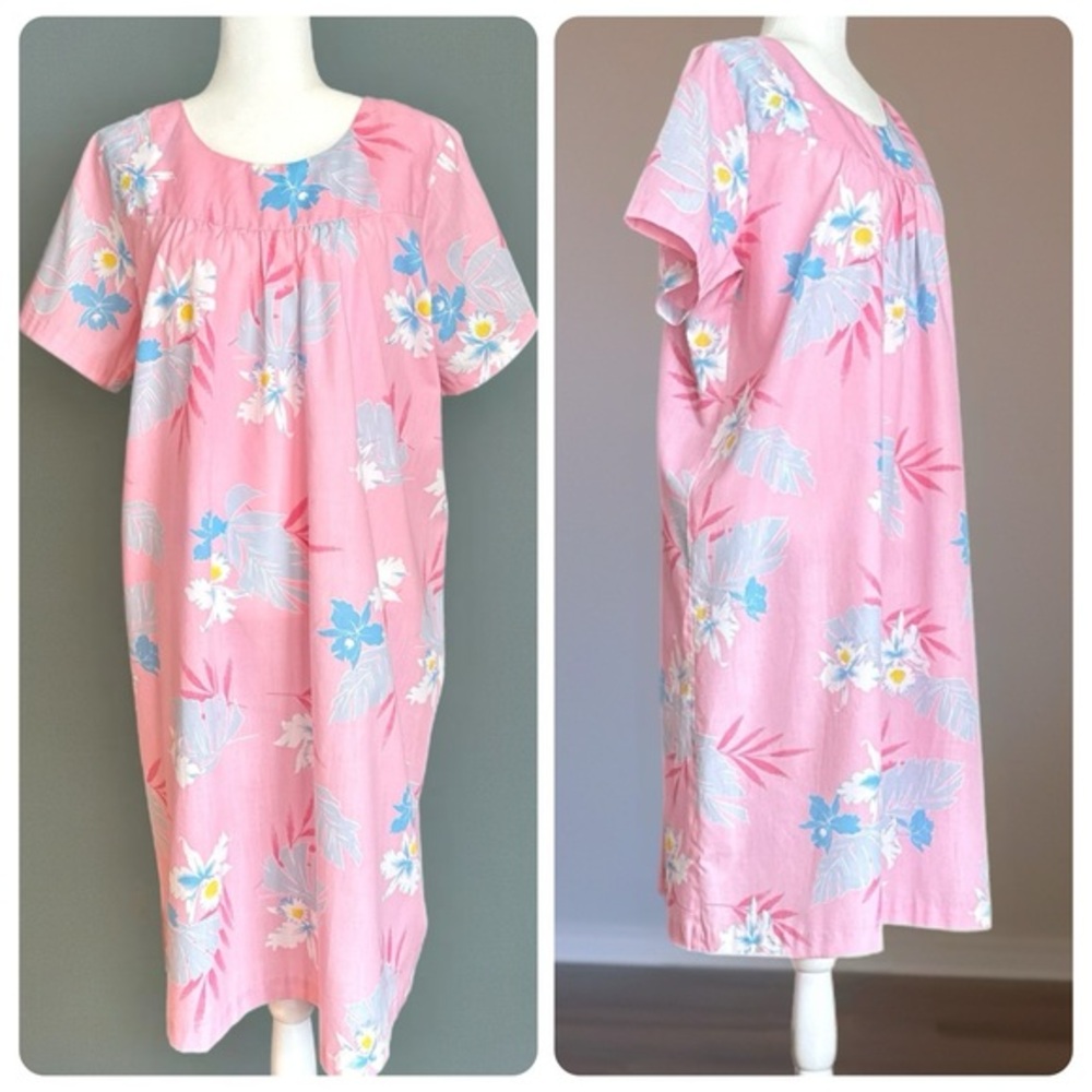 Hoku Vintage Pink Floral Hawaiian Muumuu Midi Lounge Dress 100% Cotton Size XL